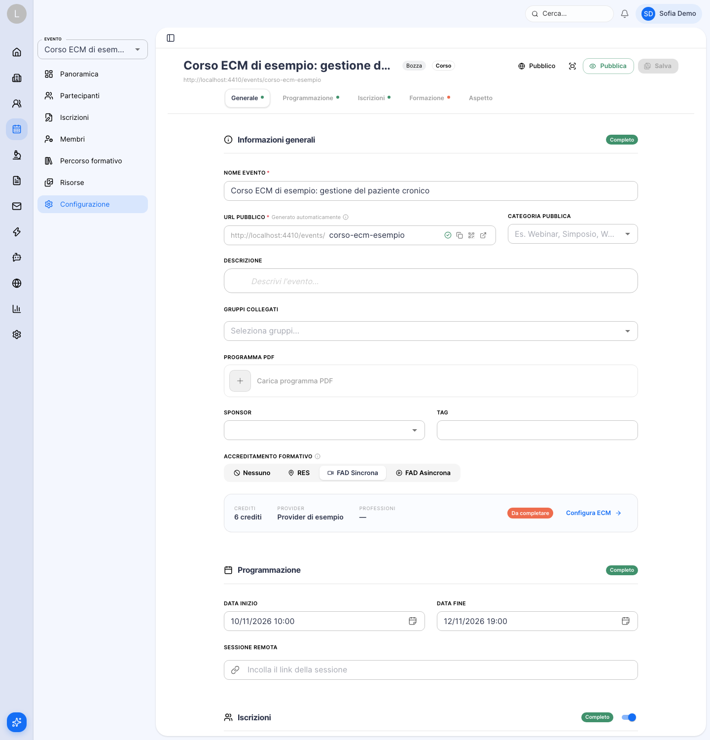 Pagina Configurazione di un corso ECM con i comandi numerati
