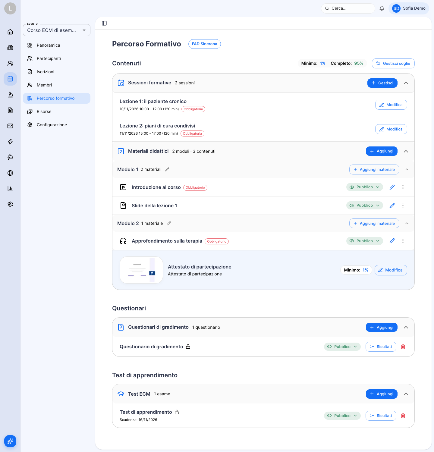 Pagina Percorso formativo di un corso ECM con i comandi numerati