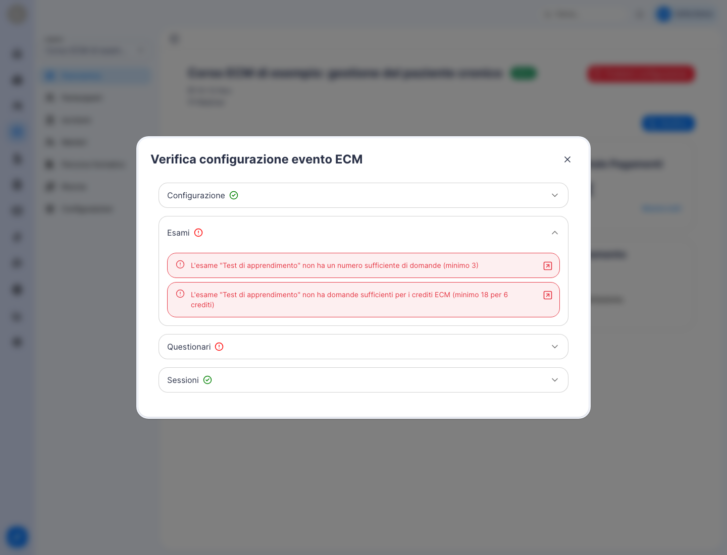 Finestra Verifica configurazione evento ECM con le sezioni