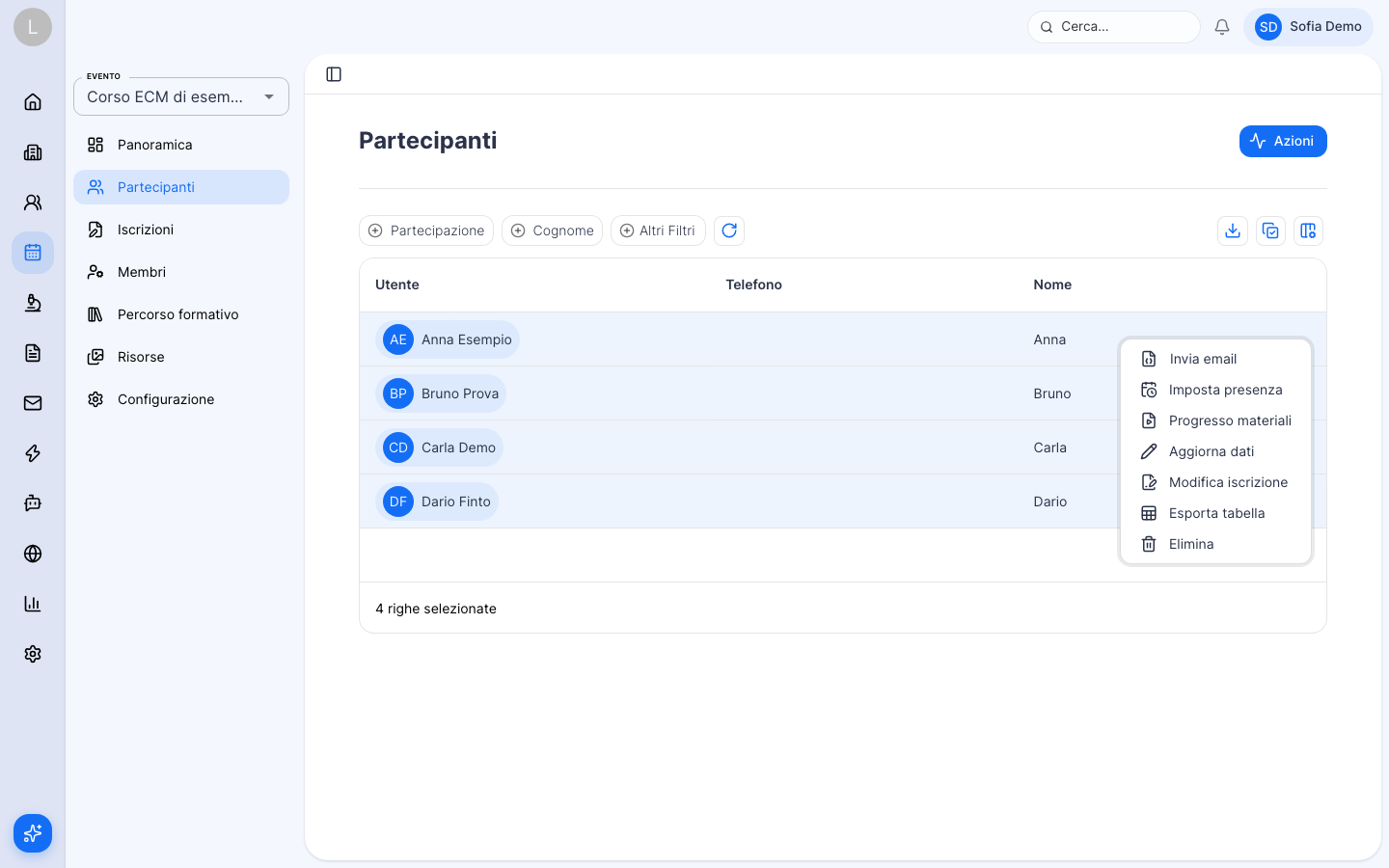 Menu Altre Azioni della pagina Partecipanti con le righe selezionate
