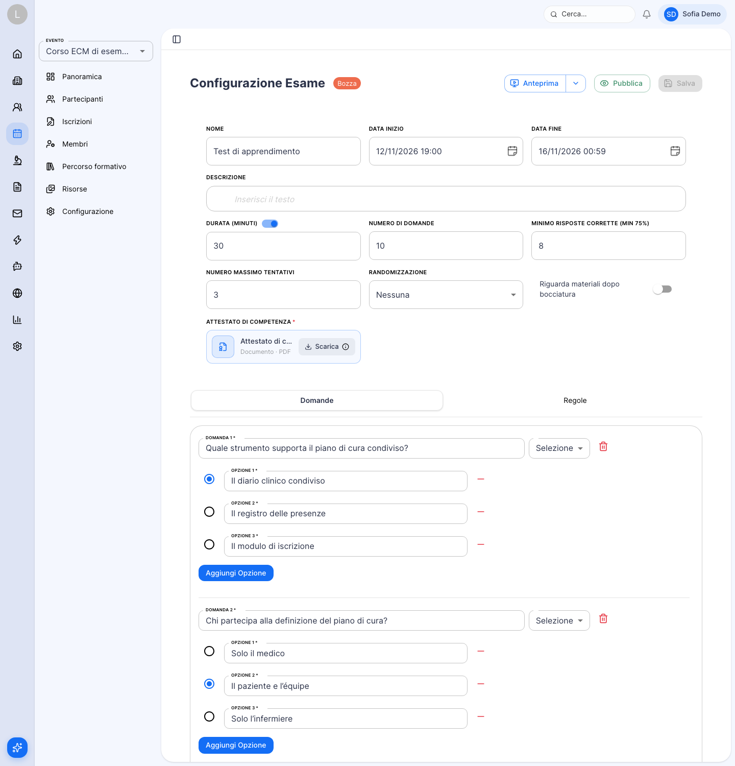 Pagina Configurazione Esame con i comandi numerati